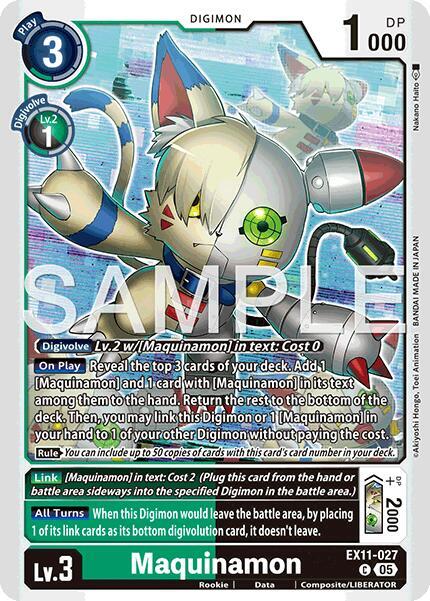 Digimon trading card featuring Maquinamon with detailed artwork and text.